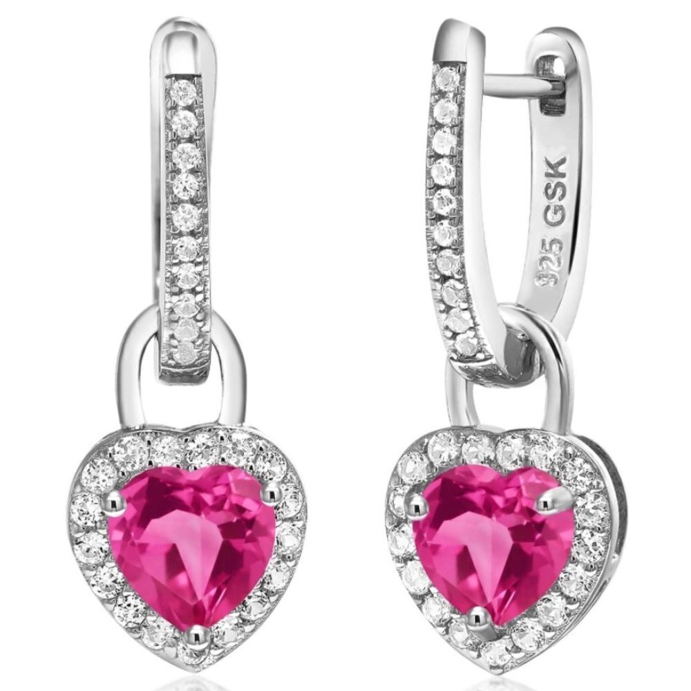 925 Sterling Silver 2.10 Cttw Pink Sapphire and White Sapphire Heart Earrings